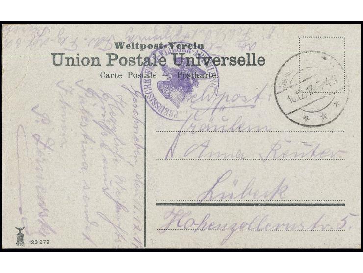 MILITÄRMISSION: 1917, Feldpost-Ansichtskarte mit Tarnstempel "Deutsche Feldpost 16.12." (DFP 663) und Briefstempel "PREUSSISC