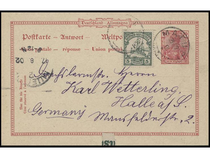 5 Pfg. mit Stempel "MATUPI 3.7." als Zufrankatur auf Reichspost-Antwortkarte 10 Pfg. nach Halle mit Ankunftsstempel und anhän