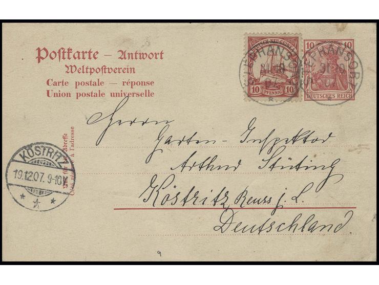 10 Pfg. mit Stempel "STEPHANSORT 31.10.07" als Zufrankatur auf Germania-Antwortkarte 10 Pfg. mit Text nach Köstritz und anhän