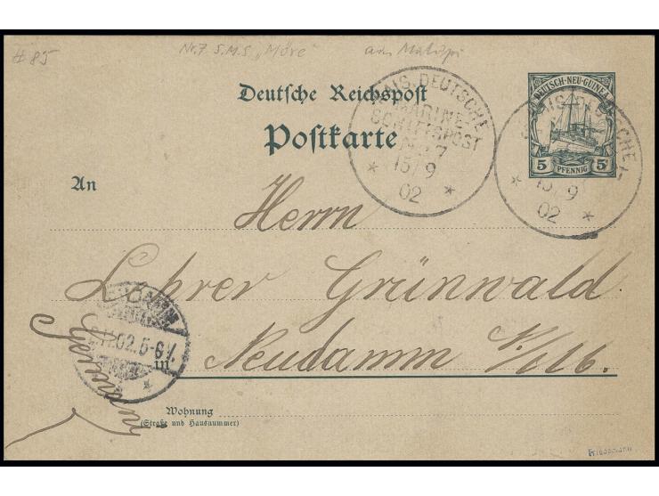 STEMPEL: "KDMSP No.7 15/9.02", 2x klar auf Ganzsachenkarte 5 Pfg. mit viel Text nach Neudamm mit Ankunftsstempel, datiert Mat