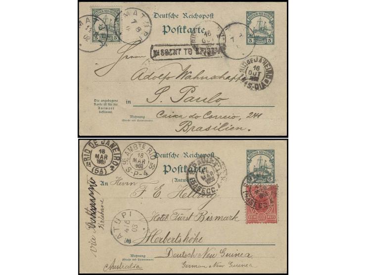 1902, Doppelkarte 5 Pfg. mit Zufrankatur 5 Pfg. von "MATUPI 14.8." mit Text nach Sao Paulo mit Ra1 "MISSENT TO BRISBANE" und 