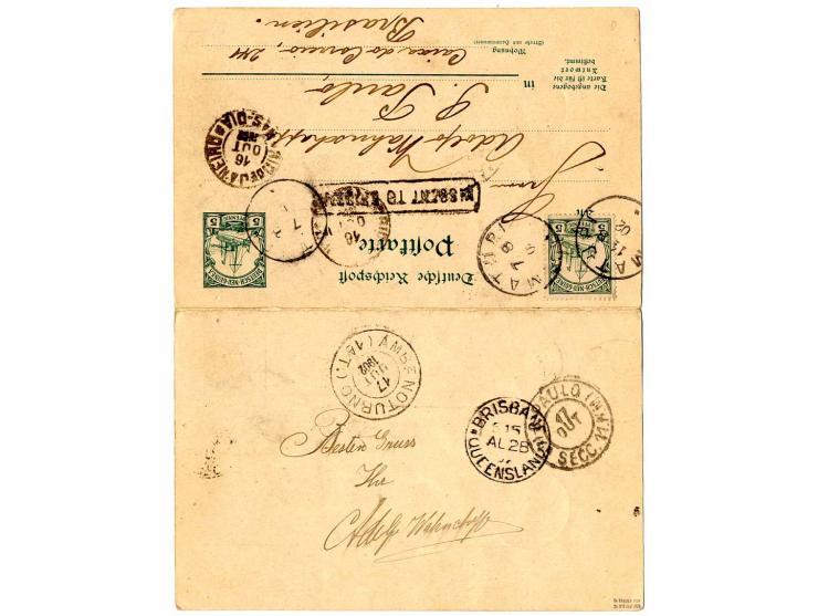 1902, Doppelkarte 5 Pfg. mit Zufrankatur 5 Pfg. von "MATUPI 14.8." mit Text nach Sao Paulo mit Ra1 "MISSENT TO BRISBANE" und 