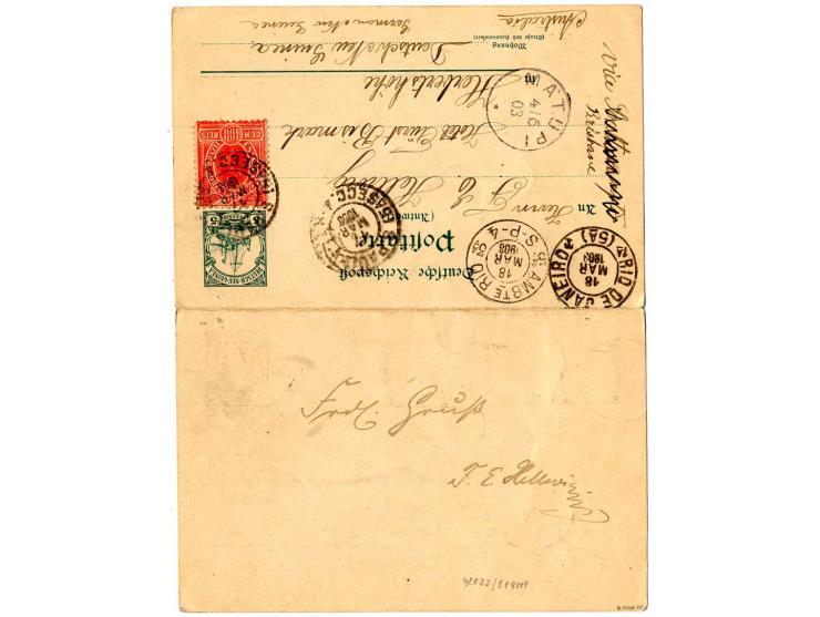 1902, Doppelkarte 5 Pfg. mit Zufrankatur 5 Pfg. von "MATUPI 14.8." mit Text nach Sao Paulo mit Ra1 "MISSENT TO BRISBANE" und 