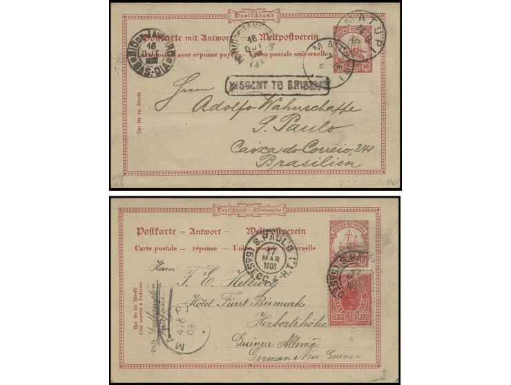Doppelkarte 10 Pfg. von "MATUPI 14.8." mit Text nach Sao Paulo mit Ra1 "MISSENT TO BRISBANE" und Ankunftsstempel, Antwortteil