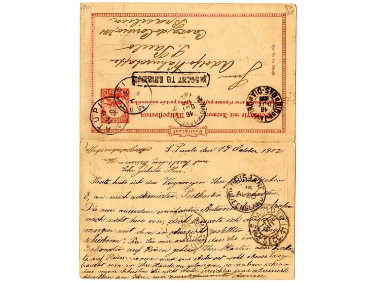 Doppelkarte 10 Pfg. von "MATUPI 14.8." mit Text nach Sao Paulo mit Ra1 "MISSENT TO BRISBANE" und Ankunftsstempel, Antwortteil
