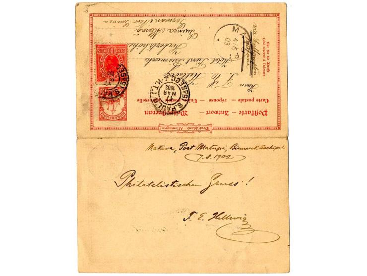 Doppelkarte 10 Pfg. von "MATUPI 14.8." mit Text nach Sao Paulo mit Ra1 "MISSENT TO BRISBANE" und Ankunftsstempel, Antwortteil