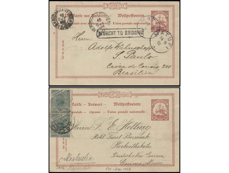 Doppelkarte 10 Pfg. von "MATUPI 14.8." mit Text nach Sao Paulo mit Ra1 "MISSENT TO BRISBANE" und Ankunftsstempel, Antwortteil