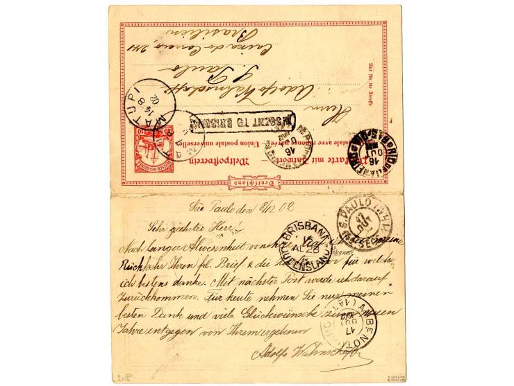 Doppelkarte 10 Pfg. von "MATUPI 14.8." mit Text nach Sao Paulo mit Ra1 "MISSENT TO BRISBANE" und Ankunftsstempel, Antwortteil