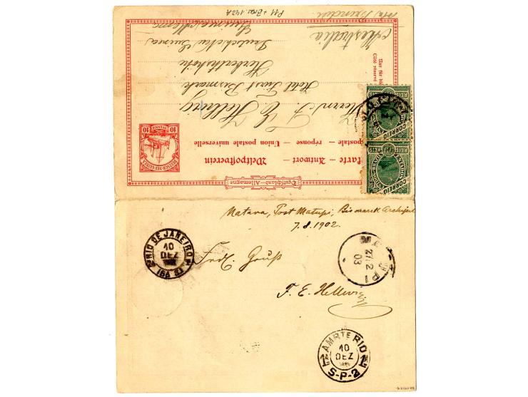 Doppelkarte 10 Pfg. von "MATUPI 14.8." mit Text nach Sao Paulo mit Ra1 "MISSENT TO BRISBANE" und Ankunftsstempel, Antwortteil