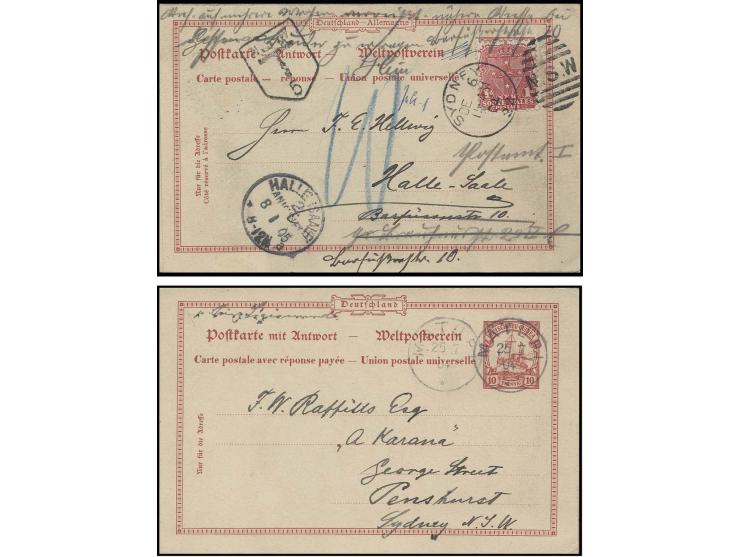 Doppelkarte 10 Pfg. von "MATUPI 25.7.04" mit Grußtext nach Sydney, Antwortteil anhängend mit Nachporto-Stempel "N.S.W. T 5" u