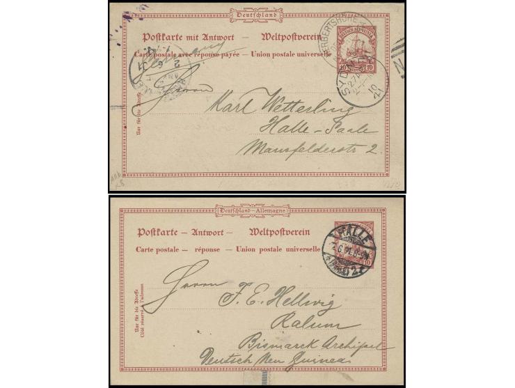 Doppelkarte 10 Pfg. von "HERBERTSHÖHE DNG 21.3." mit Text via Sydney nach Halle und Antwortteil anhängend von "HALLE 2.6." zu
