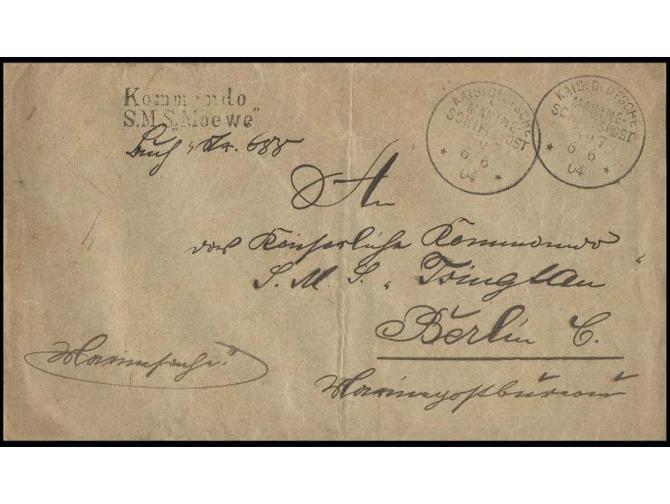 "KDMSP No. 7 6/6 04", 2x klar auf unfrankiertem Dienstbrief mit schwarzem L2 "Kommando S.M.S. Moewe" und rückseitigem Briefst