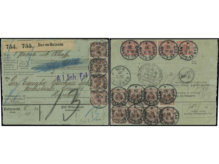 50 Pfg. lebhaftrötlichbraun im waagerechten 4er-Streifen und 8er-Block sowie 10 Pfg. lebhaftrosarot im senkrechten 4er-Streif