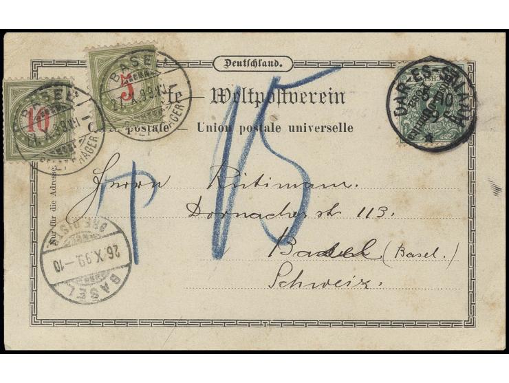 1899, 5 P. mit Stempel "DAR-ES-SALAAM 5.10.99" auf unterfrankierter Ansichtskarte mit handschriftlichem Tax-Vermerk nach Base