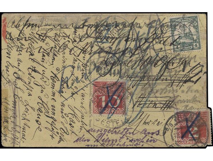 1905/20, 4 H. mit Stempel "DARESSALAM DOA 19.12.13" auf unterfrankieter Ansichstkarte nach Wien mit Portomarke 10 Gr. und 2 G