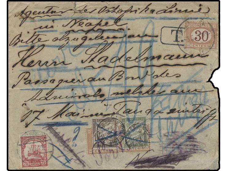 7 1/2 H. mit Stempel "TANGA DOA 30.3.14" auf unterfrankiertem Brief an der Agentur Ostfrikanische Linie in Neapel für ein Pas