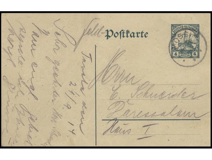 STEMPEL: "MOSCHI 24 9 14" auf Ganzsachenkarte 4 H. als Feldpostkarte, geschrieben in Taveta mit Text "... vom englischen Gebi