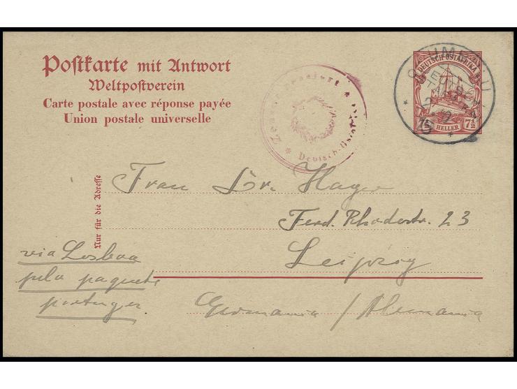"UMBULU DEUTSCH-OSTAFRIKA 2. 10 15" klar auf Ganzsachenkarte 7½ H. mit Zensurstempel nach Leizig, Kabinett