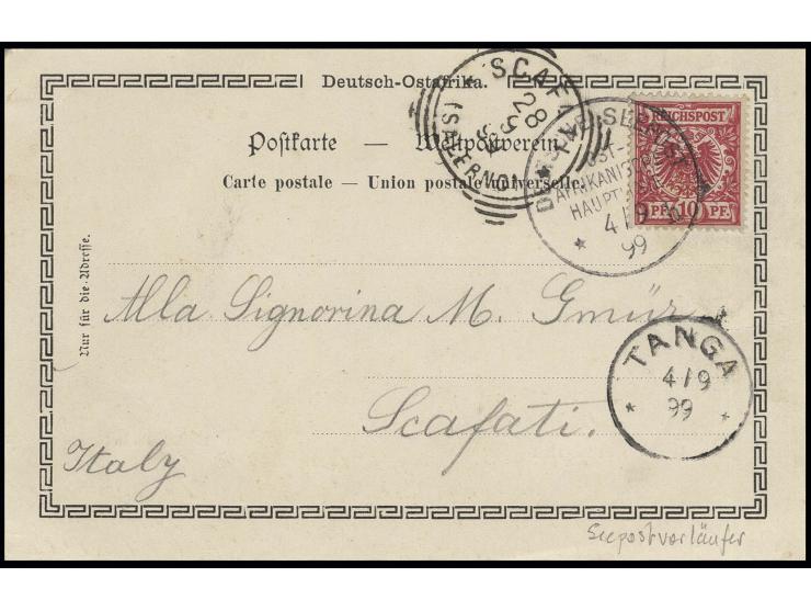 SCHIFFSPOST: 1899, "OST-AFRIKANISCHE HAUPTLINIE 4/9 99" auf DR Adler/Krone 10 Pfg. auf Ansichtskarte mit Durchgangsstempel "T