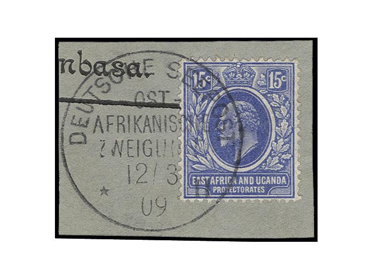 1909, "DSP OST-AFRIKANISCHE ZWEIGLINIE * II 12.3.09", klar auf Briefstück mit Freimarke 15 C. von Bristisch Ostafrika und Ung