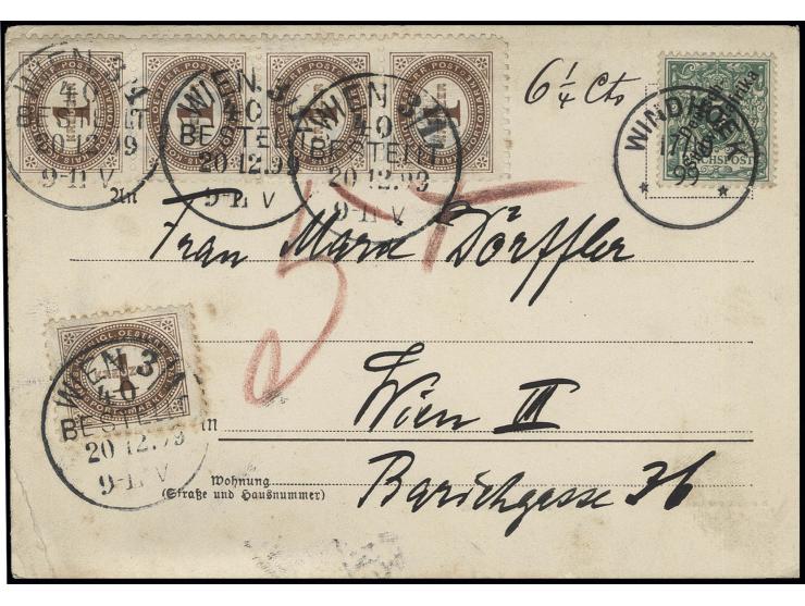 1898, 5 Pfg. mit Stempel "WINDHOEK 17.10." auf unterfrankierter Ansichtskarte mit handschriftlichem Taxvermerk "5 T" und Umre
