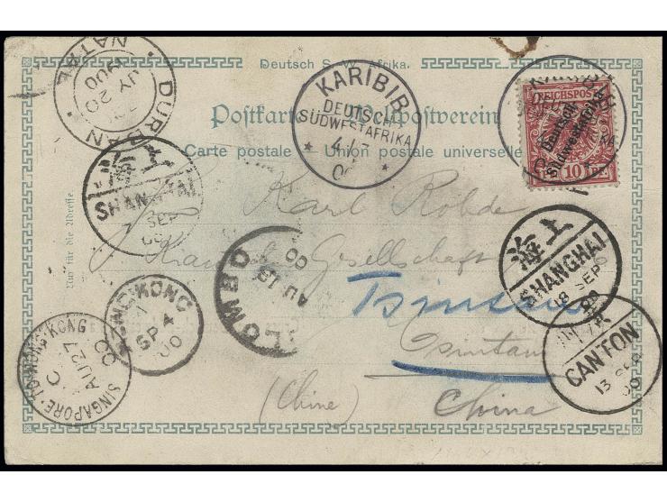 10 Pfg. mit Stempel "KARIBIB DSWA 4.3.00" auf Ansichtskarte mit Text via Durban, Colombo, Hongkong, Canton und Shanghai nach 
