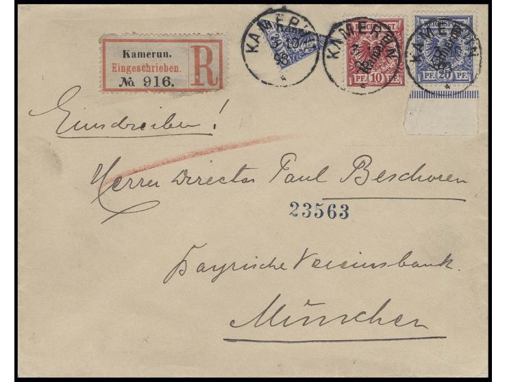 1897/99, 20 Pfg. schräg halbiert mit Zufrankatur 10 und 20 Pfg., dabei 20 Pfg mit Unterrand, mit Stempel "KAMERUN 3 10 98" au