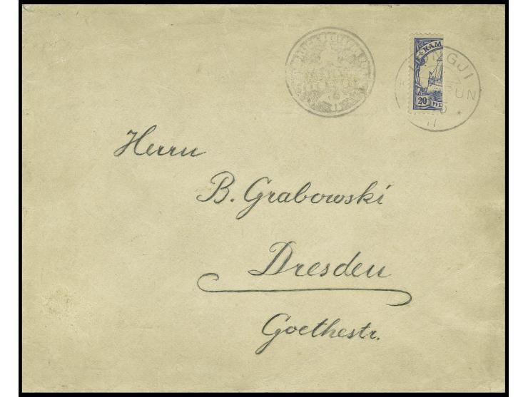 1900, 20 Pfg. senkrecht halbiert, linke Hälfte mit Stempel "LONGJI 19.5.11" auf Umschlag mit beigesetztem Negativ-Dienstsiege