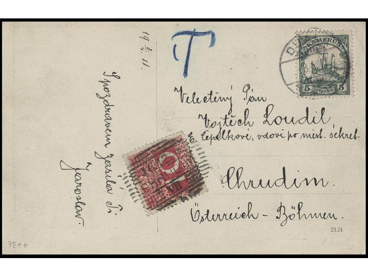 1905/19, 5 Pfg. mit Stempel "DUALA KAMERUN 8.4.11." auf  unterfrankierter Ansichtskarte mit handschriftlichem Vermerk "T" nac