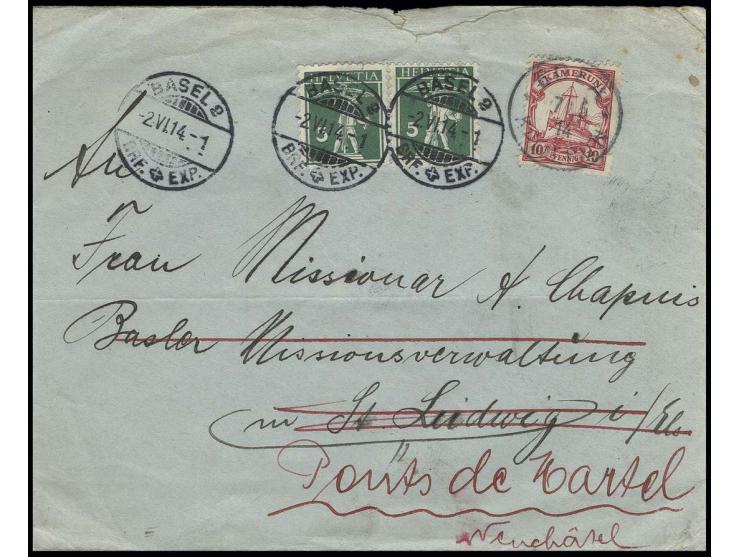 10 Pfg. mit Stempel "EDEA KAMERUN 7.5.14" auf Brief nach St. Ludwig im Elsaß mit Neuaufgabe in der Schweiz mit Tellknape 5 C.