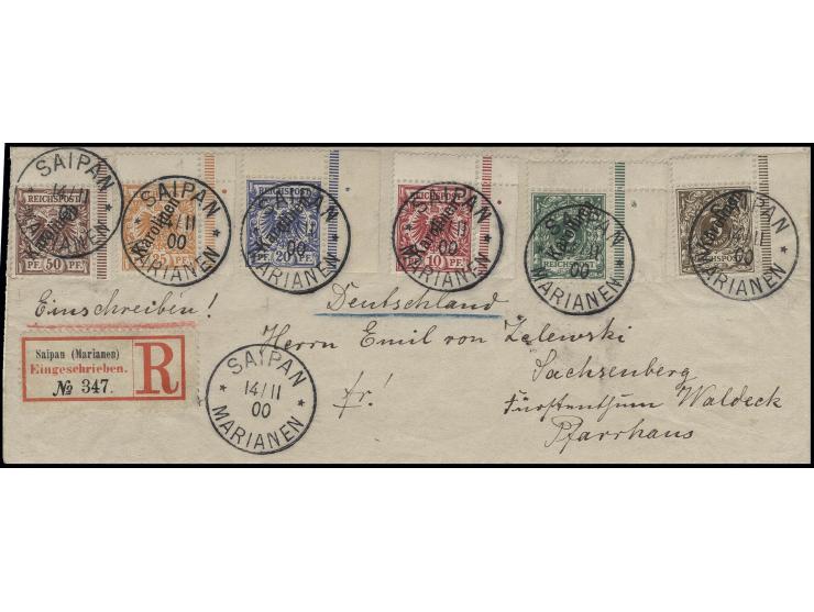 50 Pfg. mit Zufrankatur, jeweils aus der rechten oberen Bogenecke mit Zwischenstegansatz mit Stempel "SAIPAN 14/11 00" auf R-
