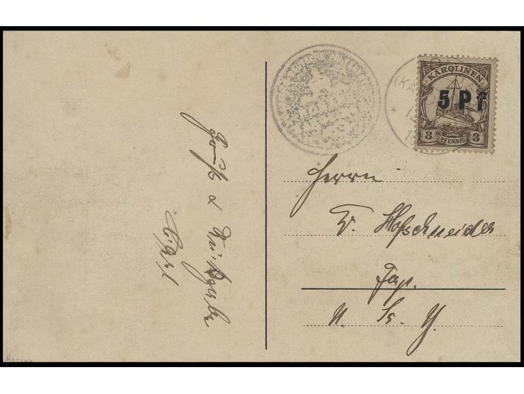 1900/10, 5 Pf. auf 3 Pfg. mit Stempel "PONAPE 12/7" auf Karte nach Jap, gute Erhaltung, sign. Kosack und Krause