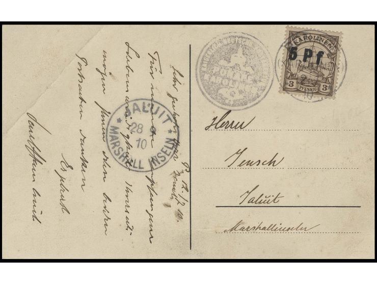 5 Pf. auf 3 Pfg. mit Stempel "PONAPE 2/7" auf Orts-Karte, Karte Eckbug oben links sonst in guter Erhaltung, Fotoattest Lantel