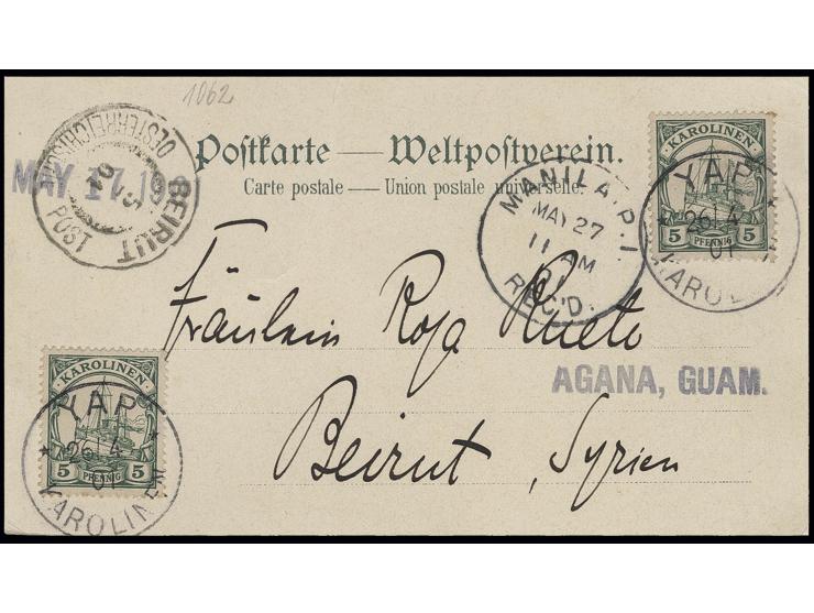 5 Pfg. (2) mit Stempel "YAP KAROLINEN 26.4.01" auf Postkarte (unten etwas verkürzt) mit Leitstempel "AGANA, GUAM" via Manila 