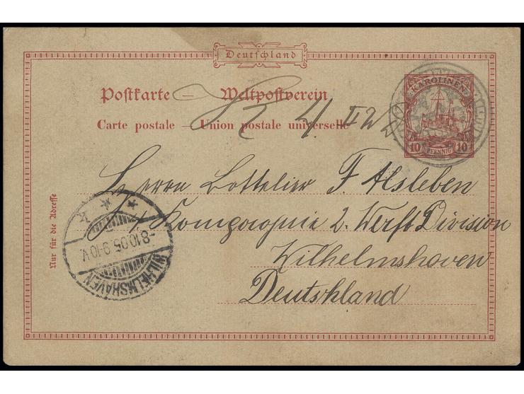 STEMPEL: "KAISERLICH DEUTSCHE POSTAGENTUR PONAPE KAROLINEN", Dienstsiegel als Aushilfs-Entwertung auf Ganzsachenkarte 10 Pfg.