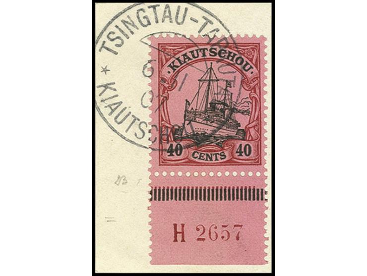 1905, ohne Wz.: 40 C., Unterrandstück mit HAN "H2657", sauber gestempelt "TSINGTAU TAPAUTAU 6.11.07" auf Brieftstück, gestemp