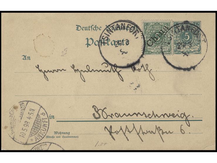 STEMPEL: "TSINTANFORT 29.3.98", 2x recht klar auf Ganzsachenkarte Krone/Adler 5 Pfg. mit Zufrankatur Digonalaufdruck 5 Pfg. n