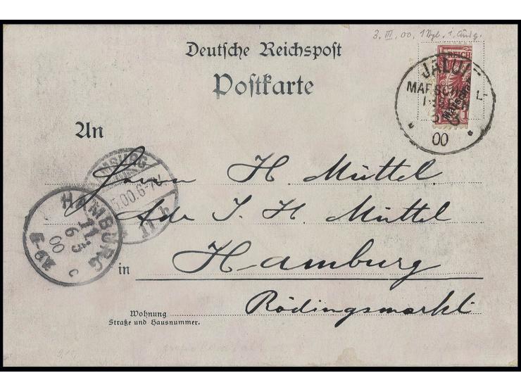 10 Pfg. senkrecht halbiert mit Stempel "JALUIT 3 3 00" auf Postkarte nach Hamburg, rückseitig etwas fleckig, Kabinett, sign. 
