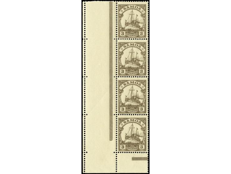 1915/19, Kriegsdruck 3 Pfg. braun, senkrechter 4er-Streifen vom Unterrand, links mit Leerfeld und normalem Bogenrand, postfri