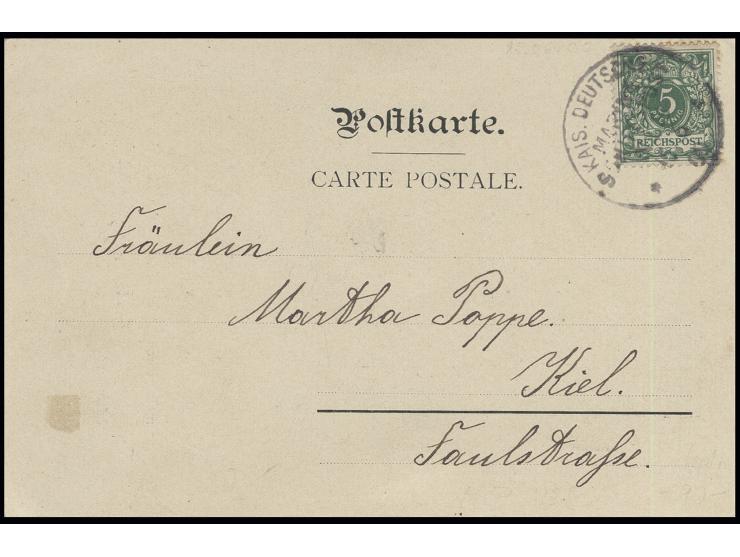 STEMPEL: "KDMSP No. 8 15.6.00", recht klar auf Ansichtskarte "...Samoa-Inseln" mit Krone/Adler 5 Pfg. nach Kiel