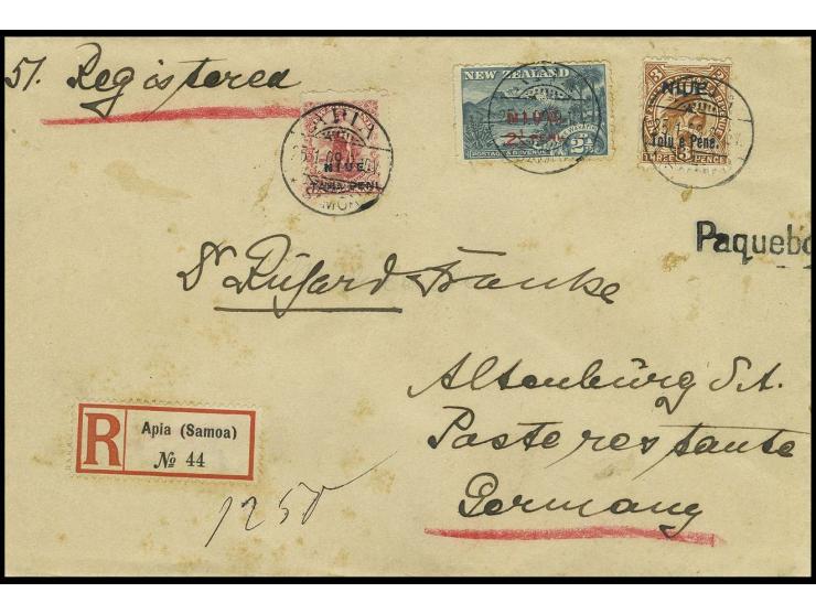 DIVERSES: 1909, Schiffspost-R-Brief mit Niue-Frankatur, entwertet "APIA SAMOA 25.1.09", nebengesetzter L1 "Paquebot" nach Alt