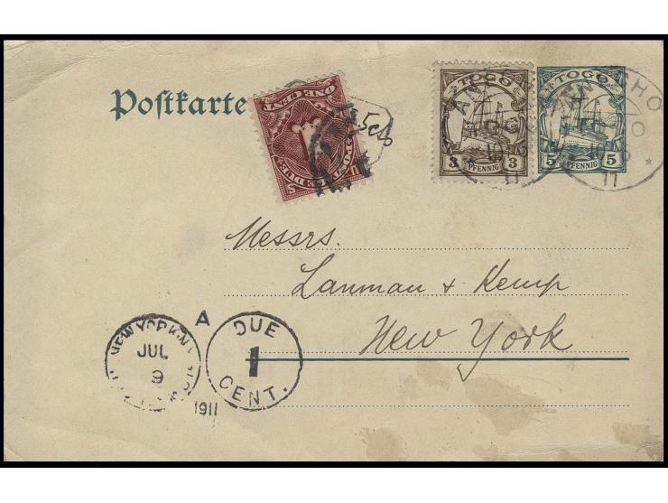 GANZSACHEN: Karte 5 Pfg. mit Zufrankatur 3 Pfg. als unterfrankierte Auslandspostkarte von "ANECHO TOGO 10.6.11" nach New York
