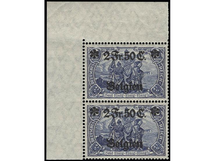 Landespost in Belgien: 1914, 2 Fr. 50 C. mit Plattenfehler "Krone links beschädigt" im senkrechten Paar mit Normalmarke aus d