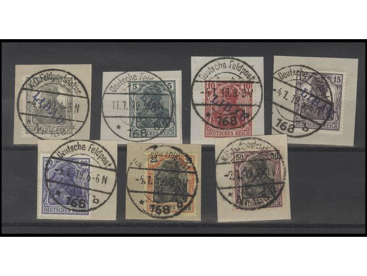 LIBAU: 1919, TYPE II: 1919, 5-50 Pfg. und 2 1/2 Pfg. mit violettblauem Aufdruck auf 7 Briefstücken, Kabinett, sign. Kosack