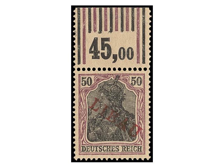roter Aufdruck: 50 Pfg., Oberrandstück, postfrisch bzw. Falzrest im Oberrand, Kabinett, sign. Kosack und Fotoattest A. Schleg