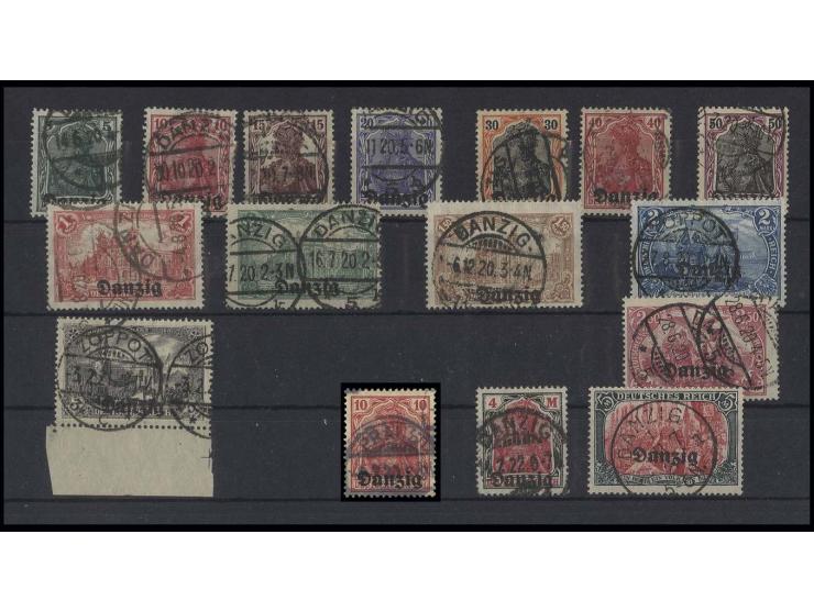 1920, Aufdruck "Danzig": 5 Pfg.-5 M. kpl. gestempelt, 10 Pfg. in beiden Farben, alle sign. Infla bzw. für 10 Pfg. karminrot u