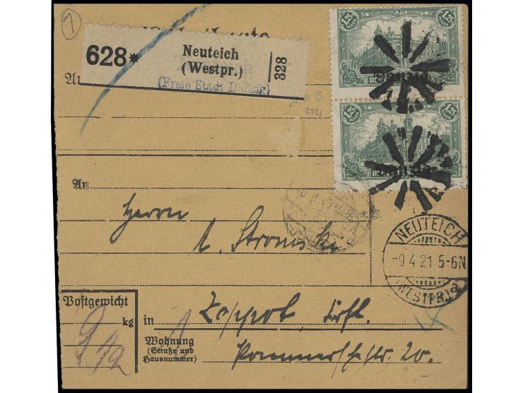 1,25 M. bläulichgrün im senkrechten Paar mit Korkstempel (Rosetten) als Mehrfachfrankatur auf Paketkarte von "NEUTEICH 9.4.21