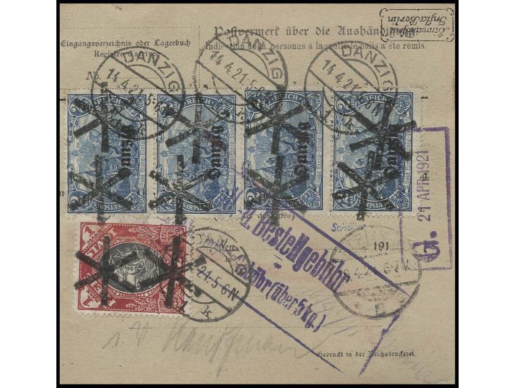 2 M. (6) und Kogge 1 M. mit Korkstempel (6-strahliger Stern) vorder- und rückseitig auf Wert-Paketkarte von "DANZIG 1 14.4.21