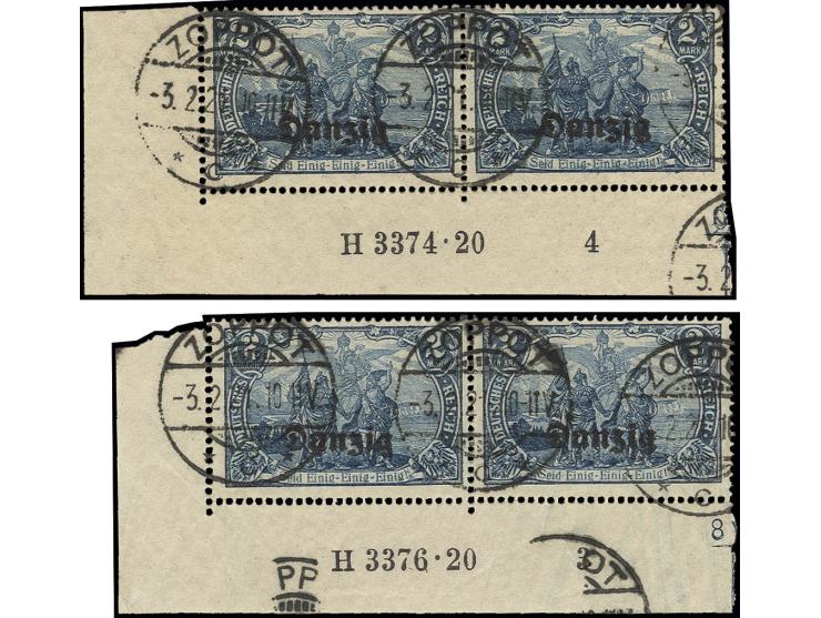 2 M. dunkelkobaltblau, 2 linke untere Eckrandpaare mit Aufdruck-HAN H3374.20 bzw. 3376.20, gestempelt "ZOPPOT 3.2.21", 2 Foto