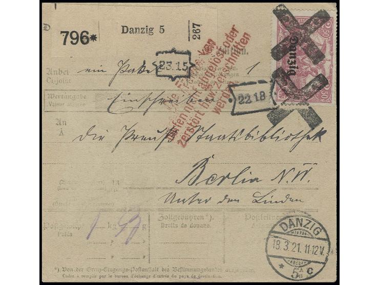 2,50 M. lilarot mit Korkstempel (Balkenkreuz) als Einzelfrankatur auf Paketkarte von "DANZIG 5 18.3.21" mit rotem L4 "Die Fre